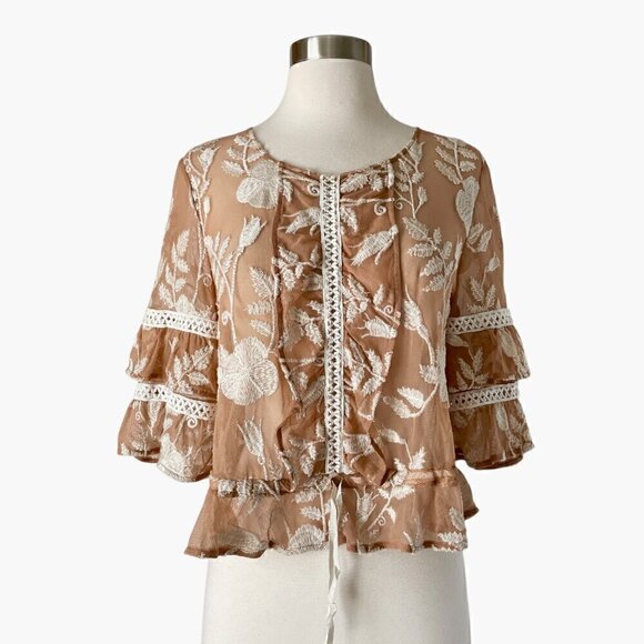 For Love & Lemons Emilia Mesh Embroidered Top - Picture 1 of 7
